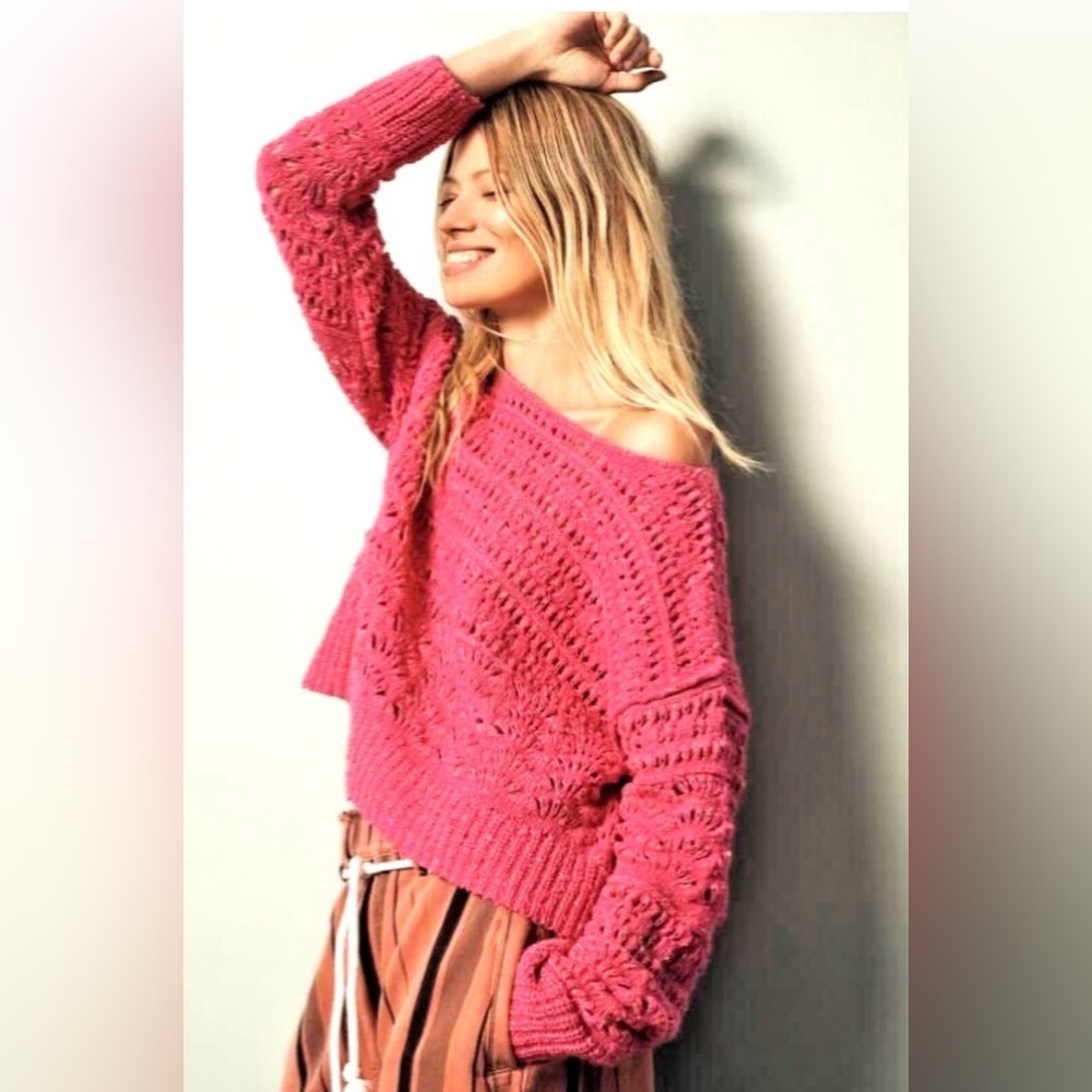 ANTHROPOLOGIE PILCRO The Palmer Open Stitch  Knit Pullover Sweater Pink L